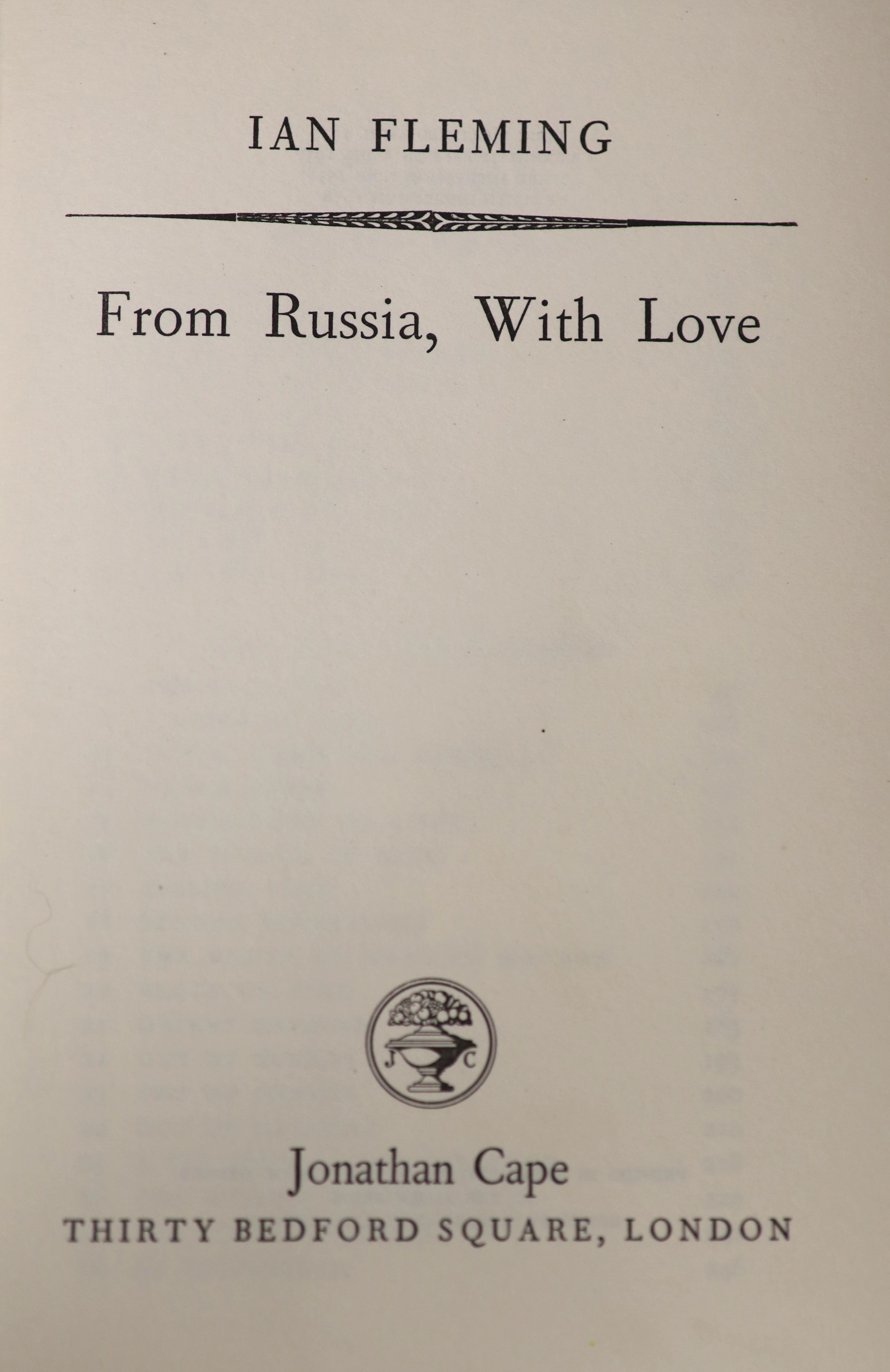 Fleming, Ian - On Her Majesty’s Secret Service, 1st edition, with unclipped d/j designed by Richard Chopping, original dark brown cloth with ski motif to front board, London, 1963; and From Russia With Love, 4th impressi